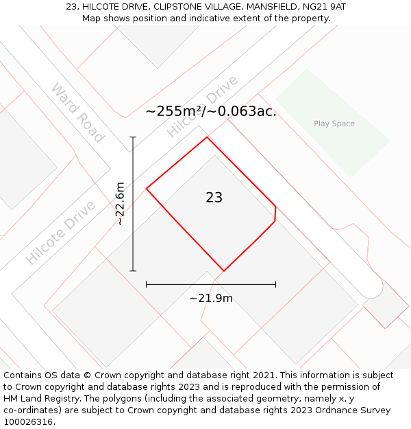 23, HILCOTE DRIVE, CLIPSTONE VILLAGE, MANSFIELD, NG21 9AT: Plot and title map