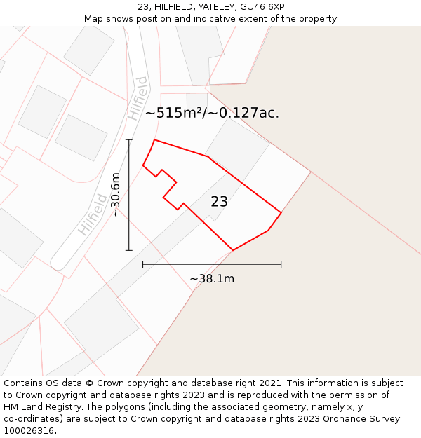 23, HILFIELD, YATELEY, GU46 6XP: Plot and title map