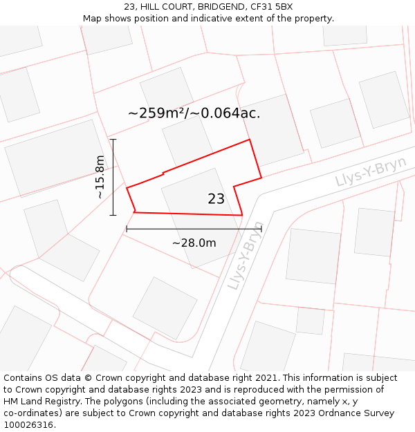 23, HILL COURT, BRIDGEND, CF31 5BX: Plot and title map