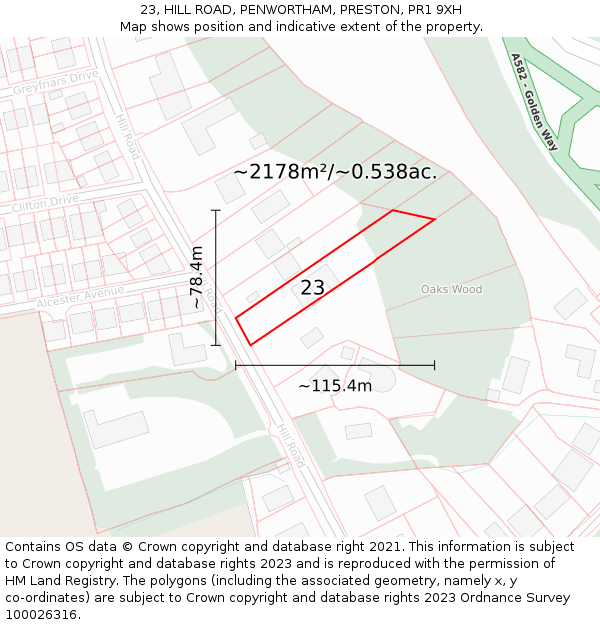 23, HILL ROAD, PENWORTHAM, PRESTON, PR1 9XH: Plot and title map