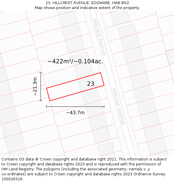 23, HILLCREST AVENUE, EDGWARE, HA8 8NZ: Plot and title map