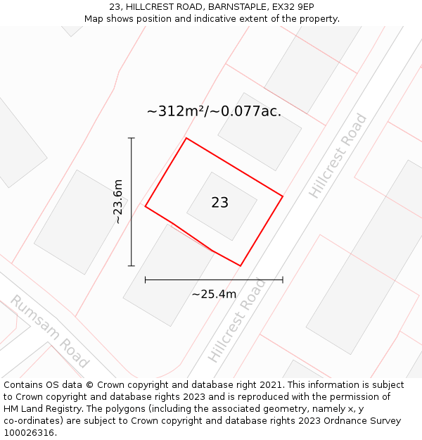 23, HILLCREST ROAD, BARNSTAPLE, EX32 9EP: Plot and title map