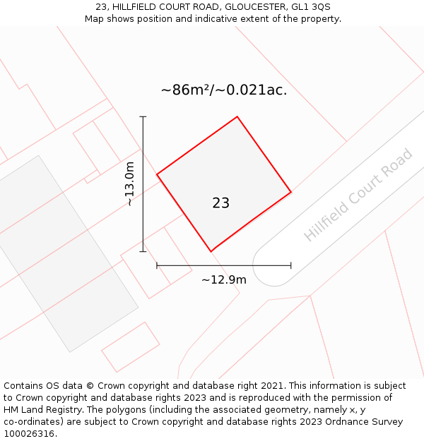 23, HILLFIELD COURT ROAD, GLOUCESTER, GL1 3QS: Plot and title map