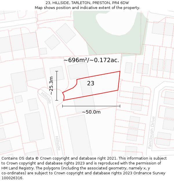 23, HILLSIDE, TARLETON, PRESTON, PR4 6DW: Plot and title map