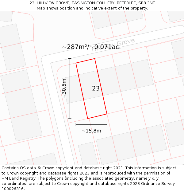 23, HILLVIEW GROVE, EASINGTON COLLIERY, PETERLEE, SR8 3NT: Plot and title map