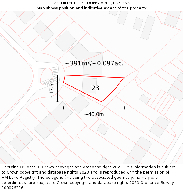 23, HILLYFIELDS, DUNSTABLE, LU6 3NS: Plot and title map