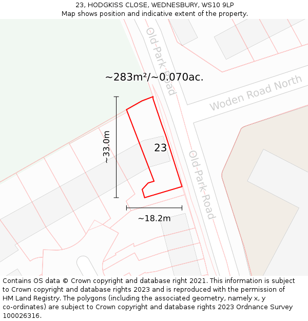 23, HODGKISS CLOSE, WEDNESBURY, WS10 9LP: Plot and title map