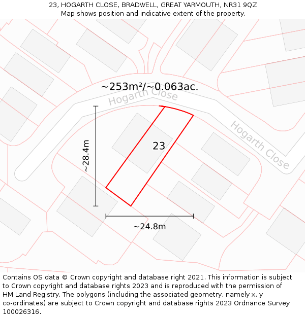 23, HOGARTH CLOSE, BRADWELL, GREAT YARMOUTH, NR31 9QZ: Plot and title map