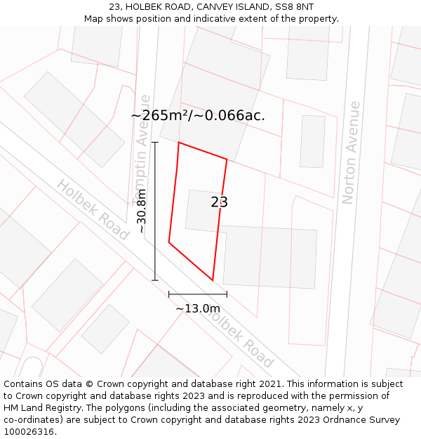 23, HOLBEK ROAD, CANVEY ISLAND, SS8 8NT: Plot and title map
