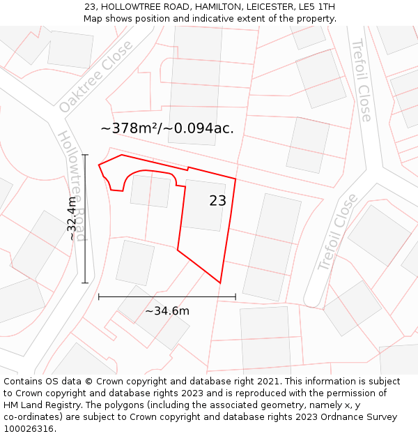 23, HOLLOWTREE ROAD, HAMILTON, LEICESTER, LE5 1TH: Plot and title map