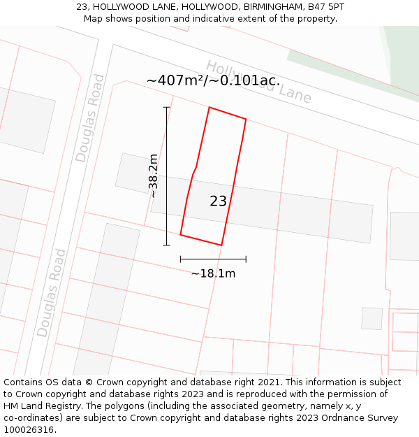 23, HOLLYWOOD LANE, HOLLYWOOD, BIRMINGHAM, B47 5PT: Plot and title map