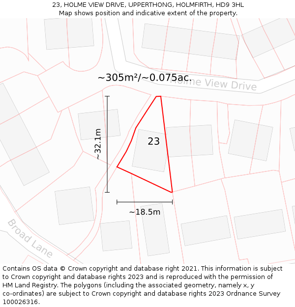 23, HOLME VIEW DRIVE, UPPERTHONG, HOLMFIRTH, HD9 3HL: Plot and title map
