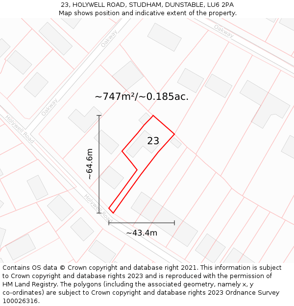 23, HOLYWELL ROAD, STUDHAM, DUNSTABLE, LU6 2PA: Plot and title map
