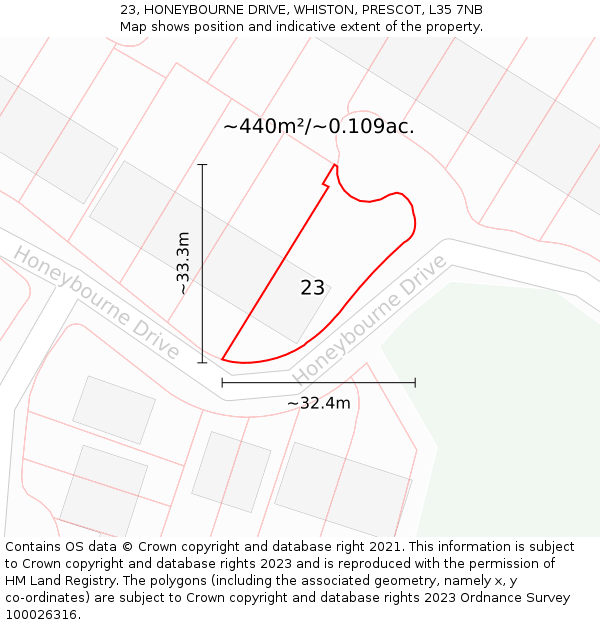 23, HONEYBOURNE DRIVE, WHISTON, PRESCOT, L35 7NB: Plot and title map