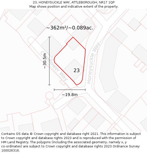 23, HONEYSUCKLE WAY, ATTLEBOROUGH, NR17 1QP: Plot and title map