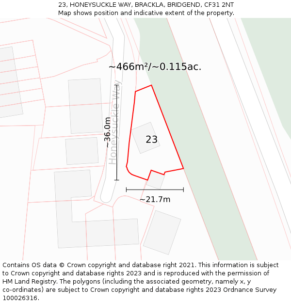 23, HONEYSUCKLE WAY, BRACKLA, BRIDGEND, CF31 2NT: Plot and title map