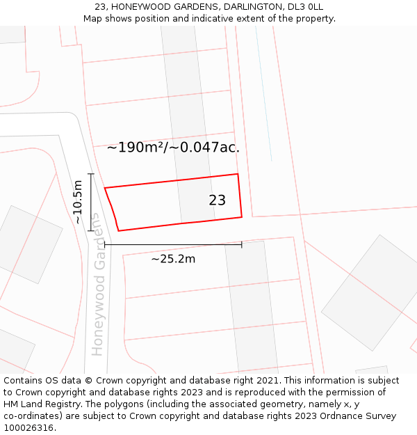 23, HONEYWOOD GARDENS, DARLINGTON, DL3 0LL: Plot and title map