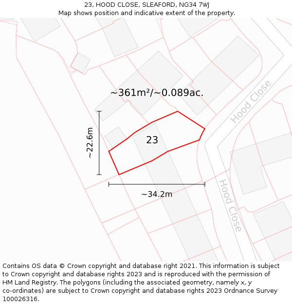 23, HOOD CLOSE, SLEAFORD, NG34 7WJ: Plot and title map