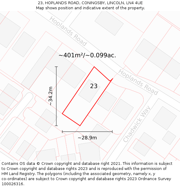 23, HOPLANDS ROAD, CONINGSBY, LINCOLN, LN4 4UE: Plot and title map