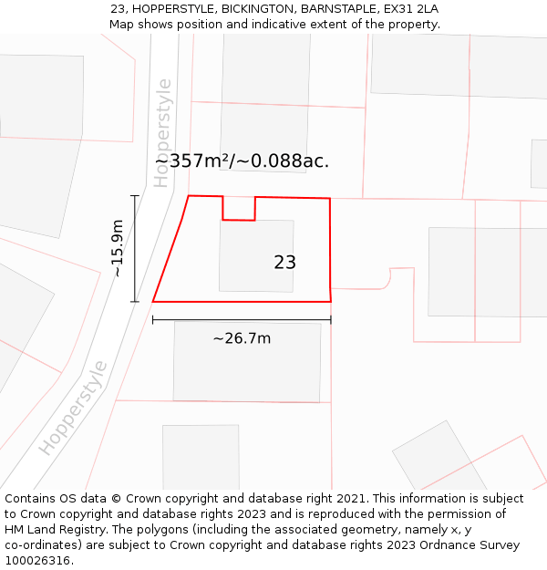 23, HOPPERSTYLE, BICKINGTON, BARNSTAPLE, EX31 2LA: Plot and title map