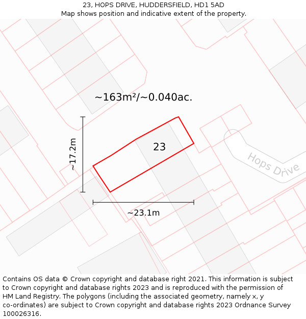 23, HOPS DRIVE, HUDDERSFIELD, HD1 5AD: Plot and title map