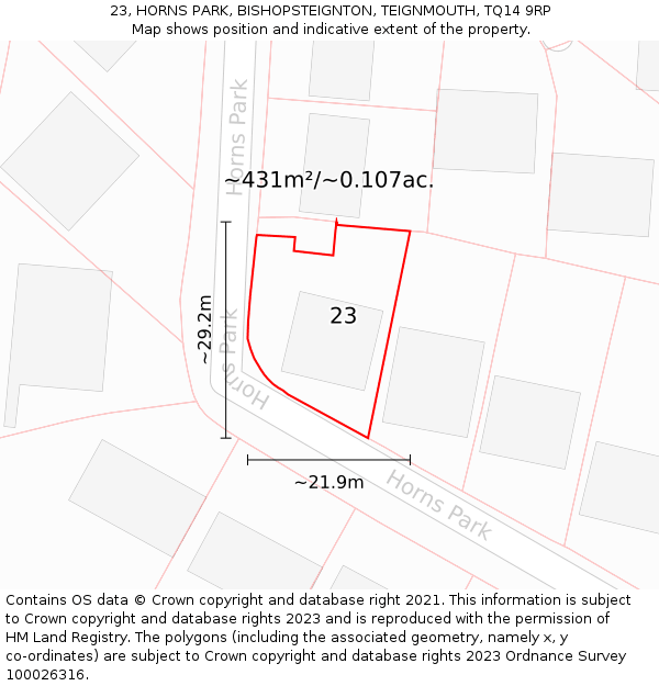 23, HORNS PARK, BISHOPSTEIGNTON, TEIGNMOUTH, TQ14 9RP: Plot and title map