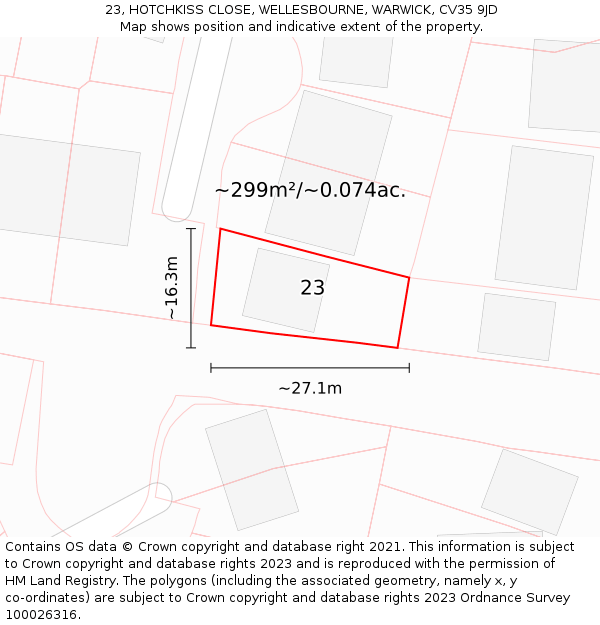 23, HOTCHKISS CLOSE, WELLESBOURNE, WARWICK, CV35 9JD: Plot and title map