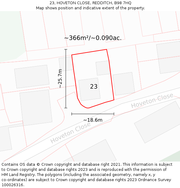 23, HOVETON CLOSE, REDDITCH, B98 7HQ: Plot and title map