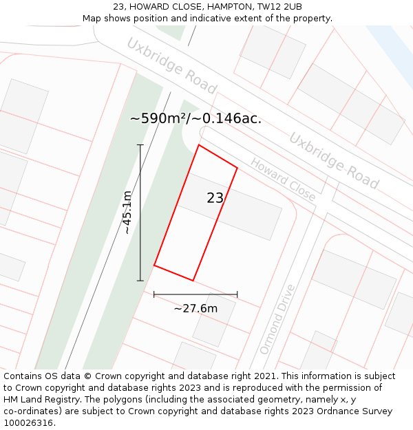 23, HOWARD CLOSE, HAMPTON, TW12 2UB: Plot and title map