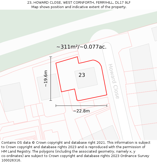 23, HOWARD CLOSE, WEST CORNFORTH, FERRYHILL, DL17 9LF: Plot and title map