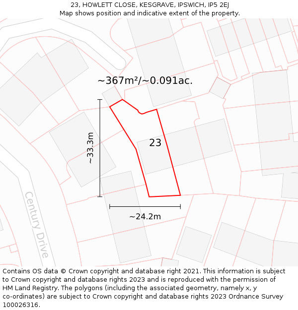 23, HOWLETT CLOSE, KESGRAVE, IPSWICH, IP5 2EJ: Plot and title map