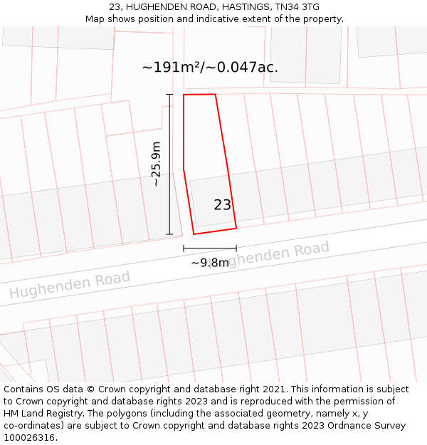 23, HUGHENDEN ROAD, HASTINGS, TN34 3TG: Plot and title map