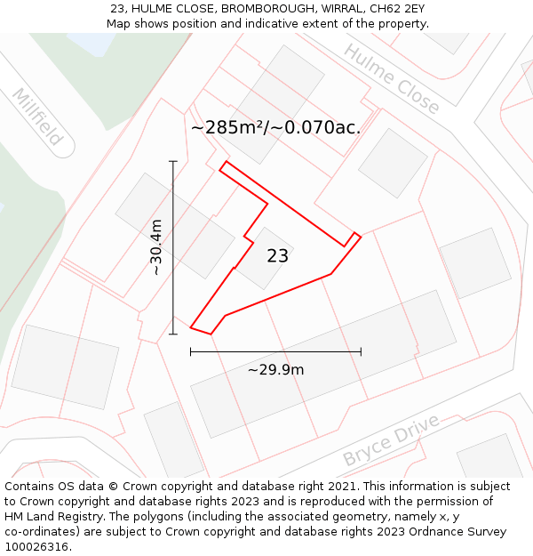 23, HULME CLOSE, BROMBOROUGH, WIRRAL, CH62 2EY: Plot and title map