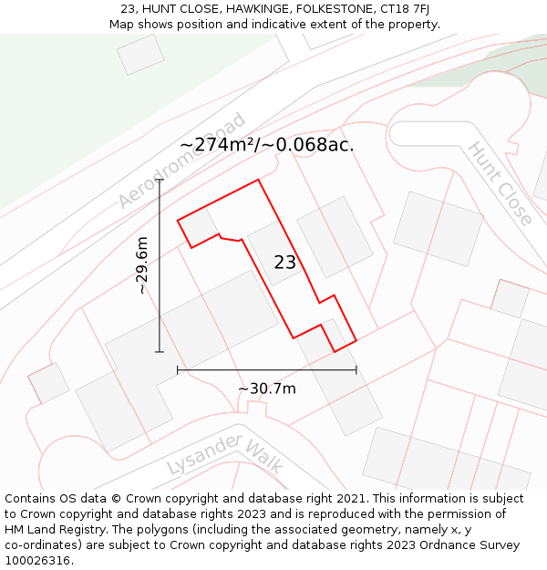 23, HUNT CLOSE, HAWKINGE, FOLKESTONE, CT18 7FJ: Plot and title map