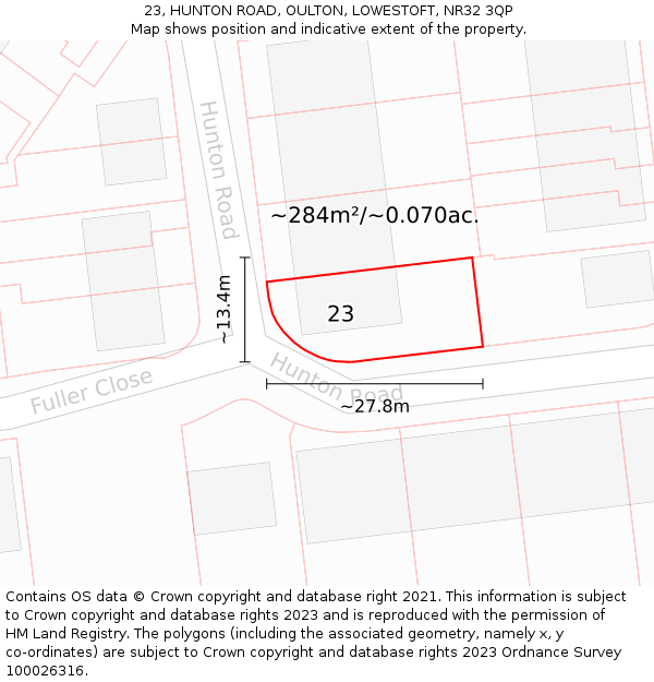 23, HUNTON ROAD, OULTON, LOWESTOFT, NR32 3QP: Plot and title map