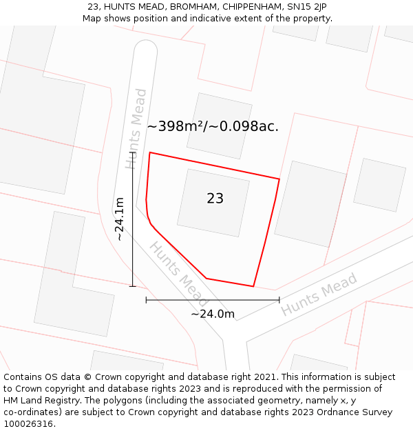 23, HUNTS MEAD, BROMHAM, CHIPPENHAM, SN15 2JP: Plot and title map