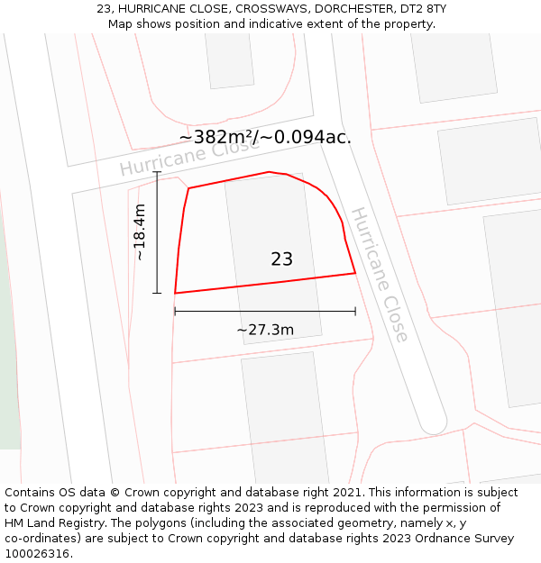 23, HURRICANE CLOSE, CROSSWAYS, DORCHESTER, DT2 8TY: Plot and title map