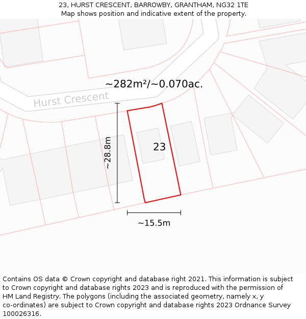 23, HURST CRESCENT, BARROWBY, GRANTHAM, NG32 1TE: Plot and title map