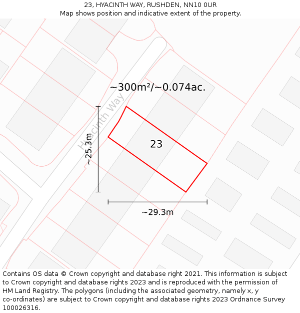 23, HYACINTH WAY, RUSHDEN, NN10 0UR: Plot and title map