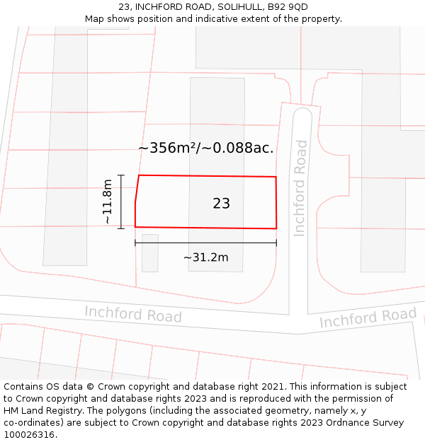 23, INCHFORD ROAD, SOLIHULL, B92 9QD: Plot and title map
