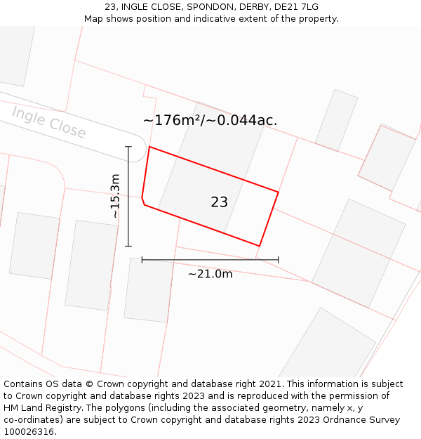 23, INGLE CLOSE, SPONDON, DERBY, DE21 7LG: Plot and title map