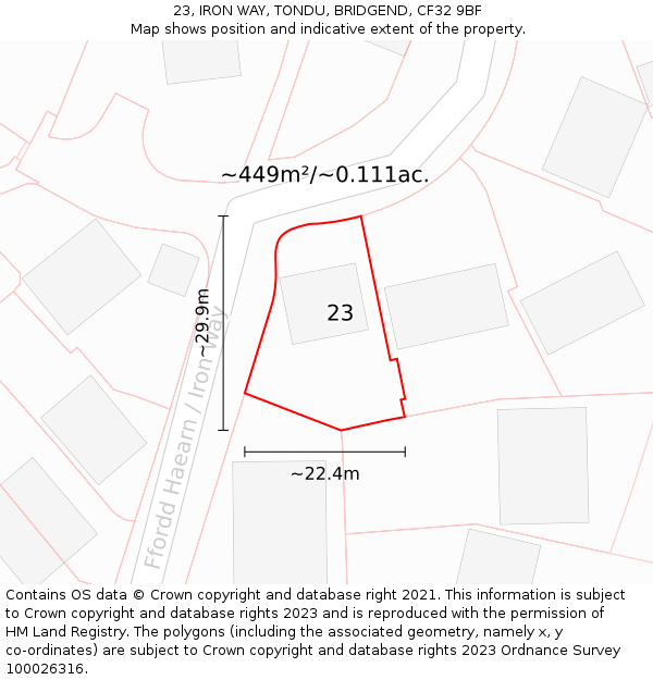 23, IRON WAY, TONDU, BRIDGEND, CF32 9BF: Plot and title map