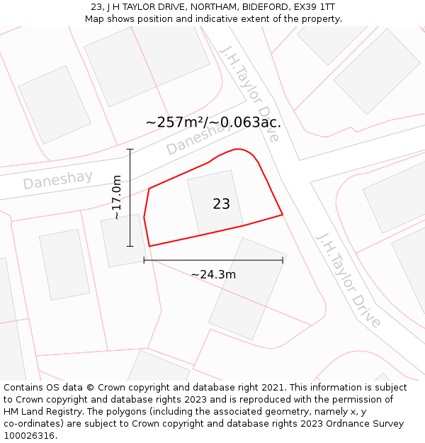 23, J H TAYLOR DRIVE, NORTHAM, BIDEFORD, EX39 1TT: Plot and title map