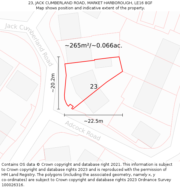 23, JACK CUMBERLAND ROAD, MARKET HARBOROUGH, LE16 8GF: Plot and title map