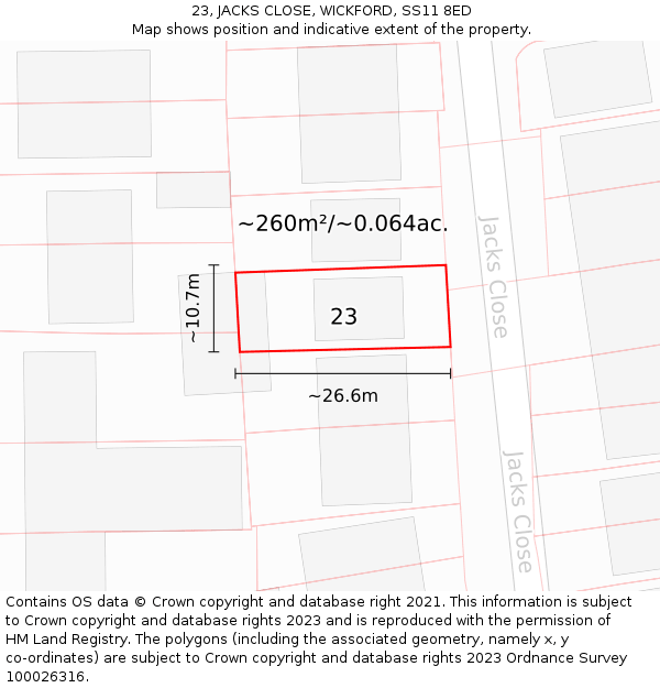 23, JACKS CLOSE, WICKFORD, SS11 8ED: Plot and title map