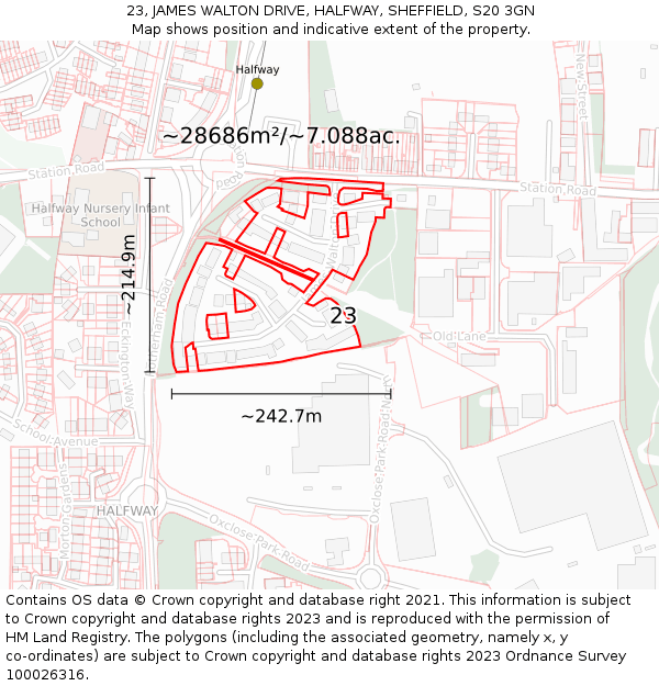 23, JAMES WALTON DRIVE, HALFWAY, SHEFFIELD, S20 3GN: Plot and title map