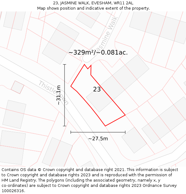 23, JASMINE WALK, EVESHAM, WR11 2AL: Plot and title map