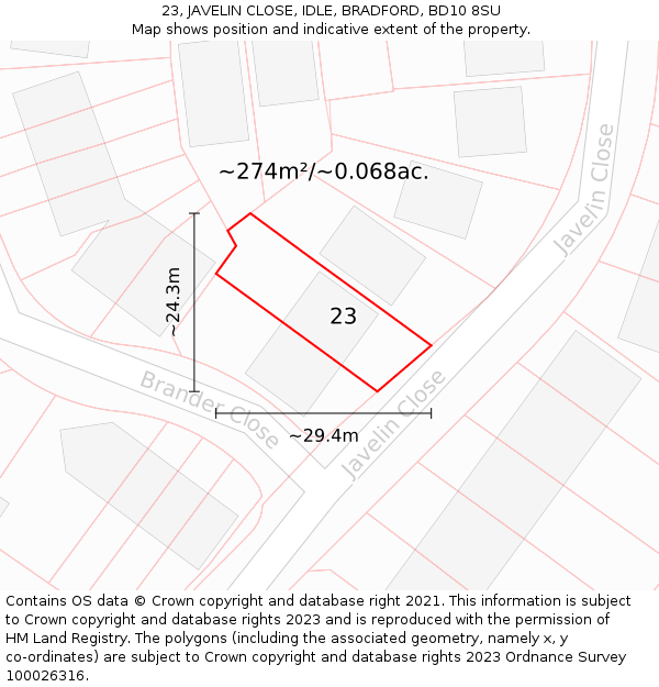 23, JAVELIN CLOSE, IDLE, BRADFORD, BD10 8SU: Plot and title map
