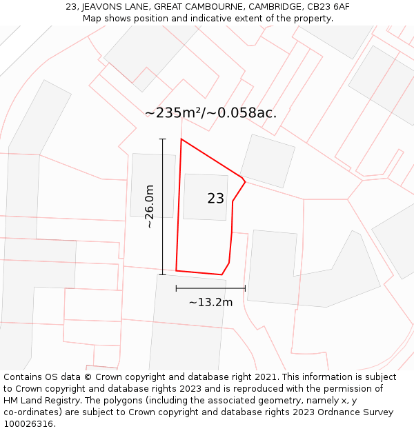 23, JEAVONS LANE, GREAT CAMBOURNE, CAMBRIDGE, CB23 6AF: Plot and title map
