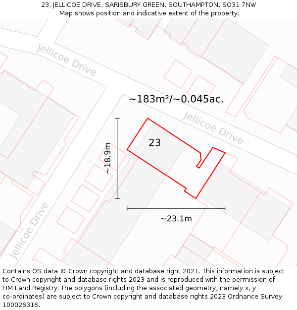23, JELLICOE DRIVE, SARISBURY GREEN, SOUTHAMPTON, SO31 7NW: Plot and title map